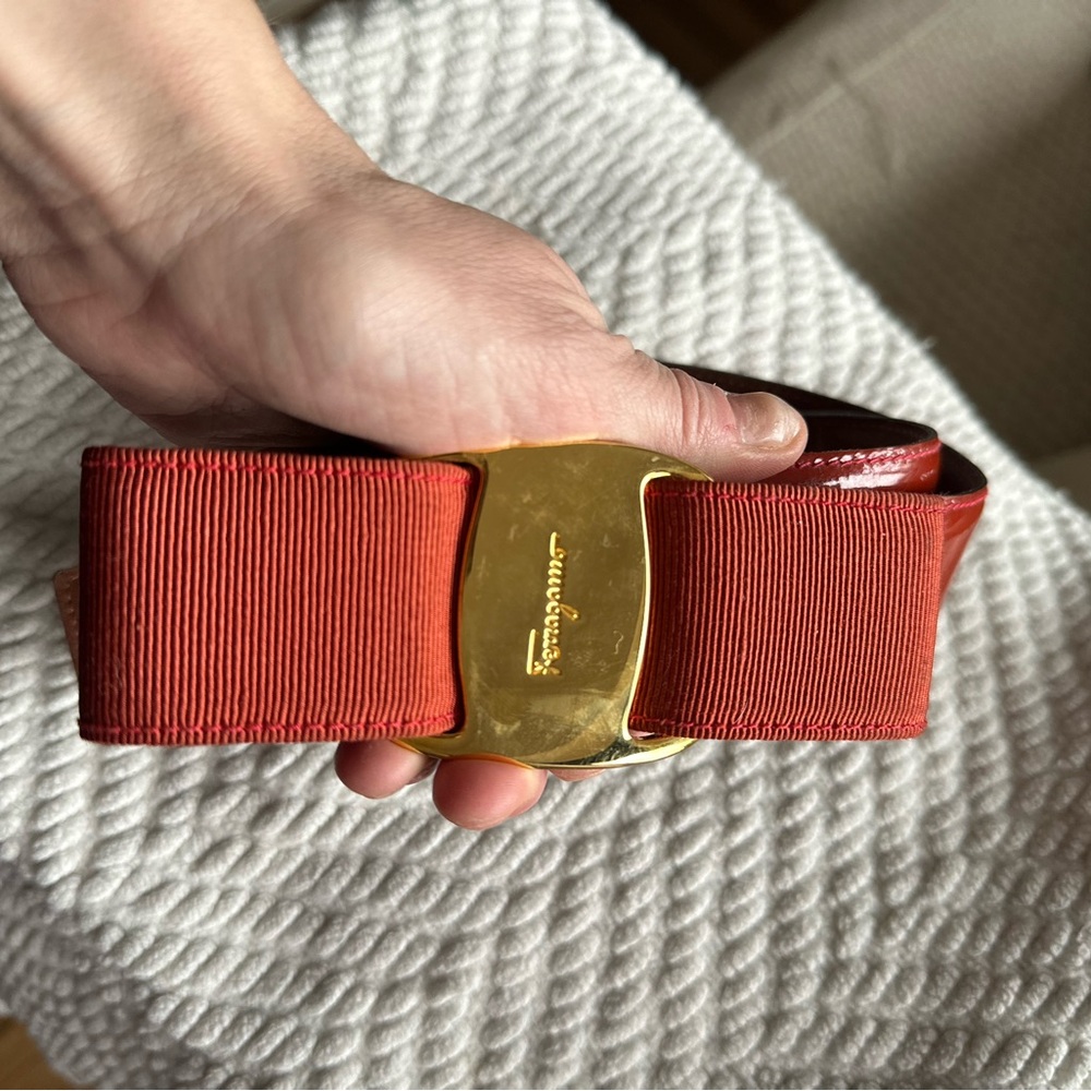Salvatore Ferragamo Coral-Red Grosgrain Bow Belt with Gold Buckle